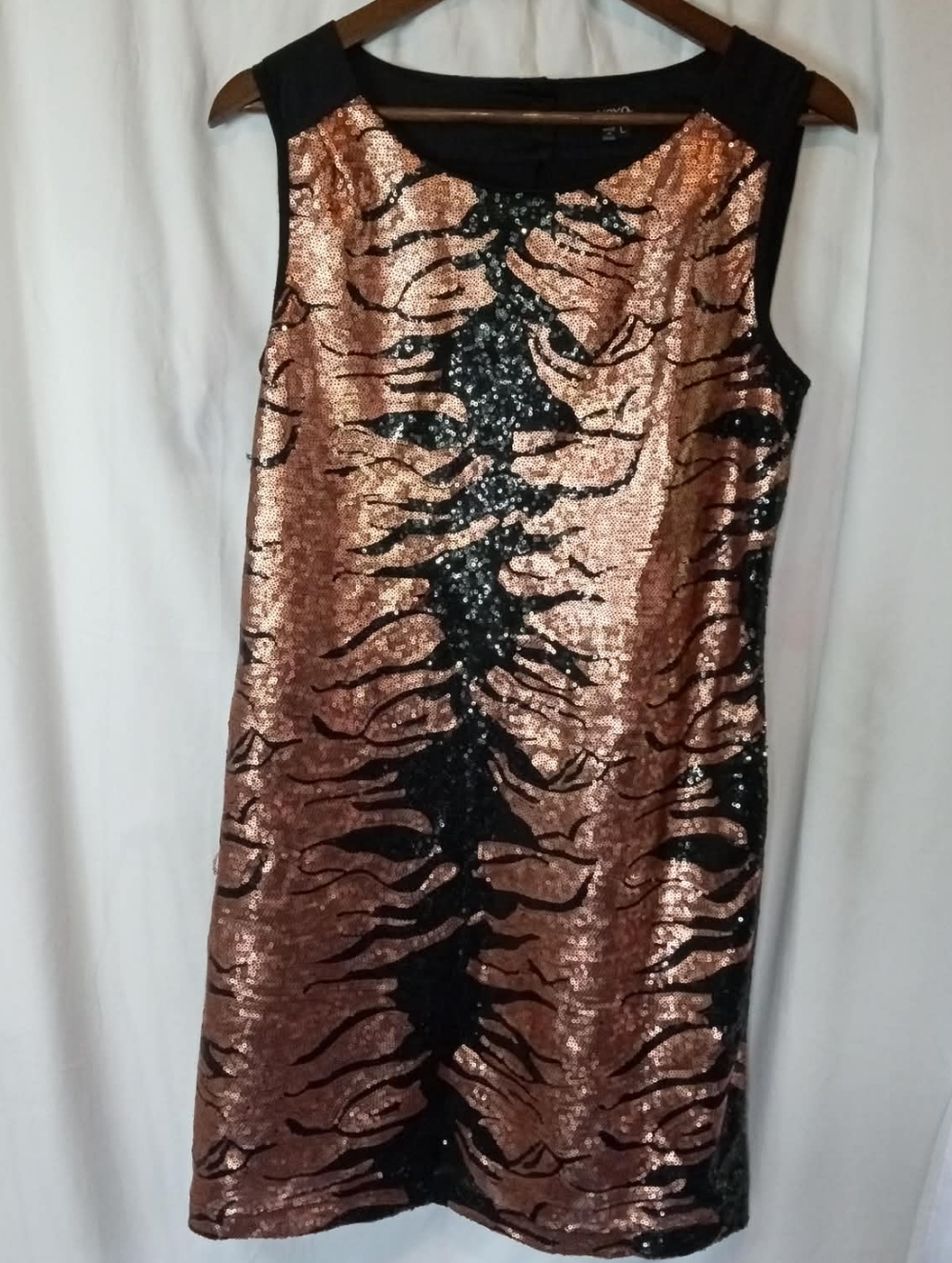 XOXO Rose Gold Copper Black Sequin Tiger Mini Dress Baddie Large Sexy Party Hot